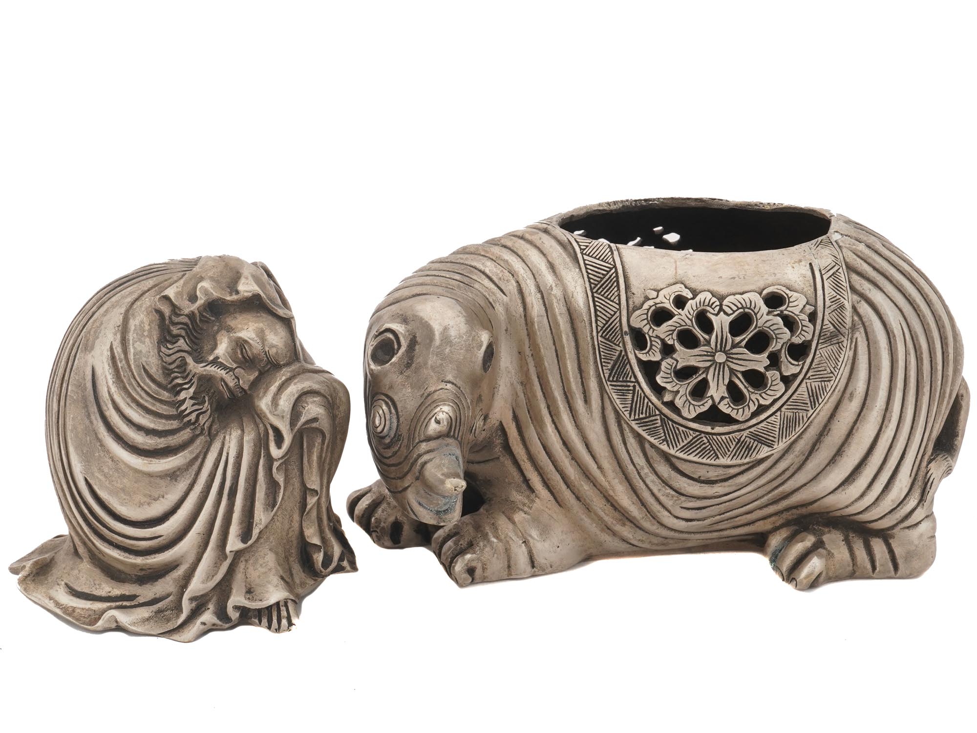 CHINESE SILVER PLATED BUDDHA RHINO INCENSE BURNER PIC-5